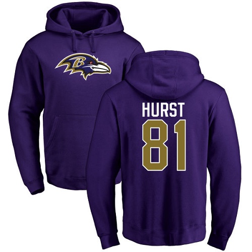 Men Baltimore Ravens Purple Hayden Hurst Name and Number Logo NFL Football #81 Pullover Hoodie Sweatshirt